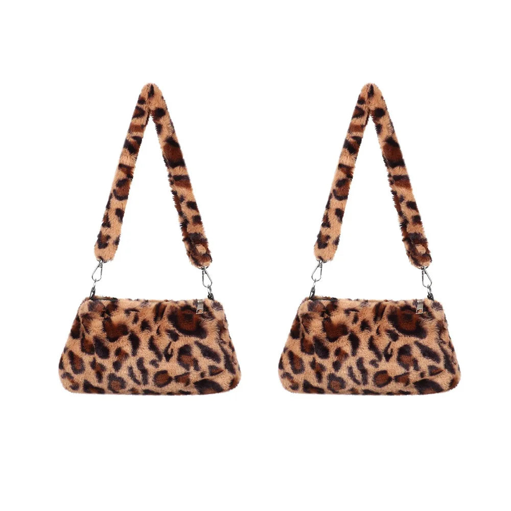Women's Animal Print Leopard Plush Shoulder Bag | Casual Crossbody Messenger Bag for Ladies