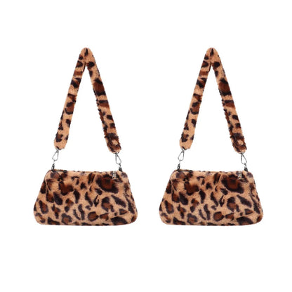 Women's Animal Print Leopard Plush Shoulder Bag | Casual Crossbody Messenger Bag for Ladies