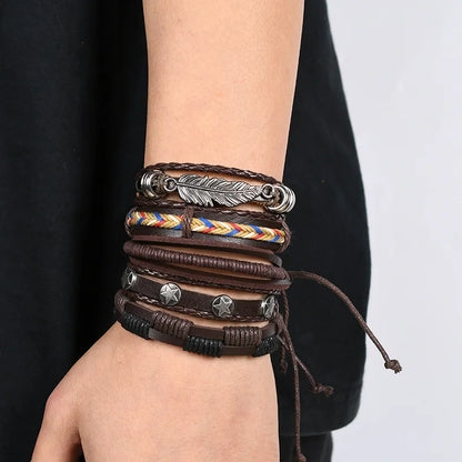 Men's Viking Leather Bracelet Woven Skull Adjustable Cuff