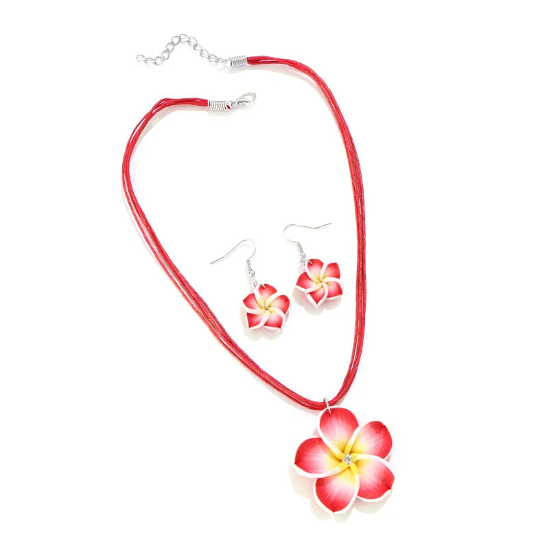 Bohemian Flower Braided Jewelry Set For Women Necklace Earrings Pink Red Blue