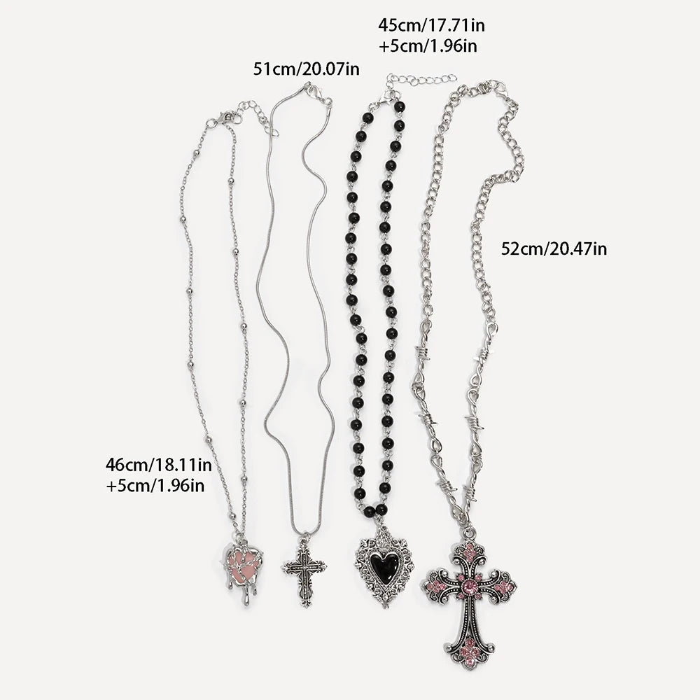 Y2K Rhinestone Heart and Cross Pendant Necklace for Women