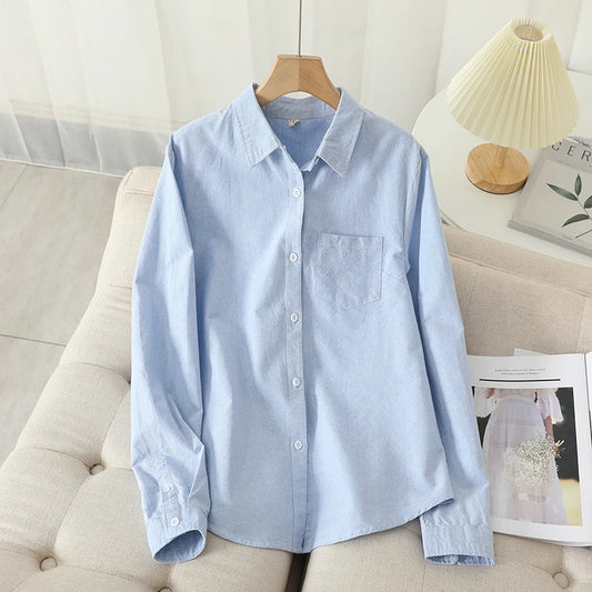 Women's Casual Cotton Oxford Shirt | Autumn Striped Blue & White Blouse & Top