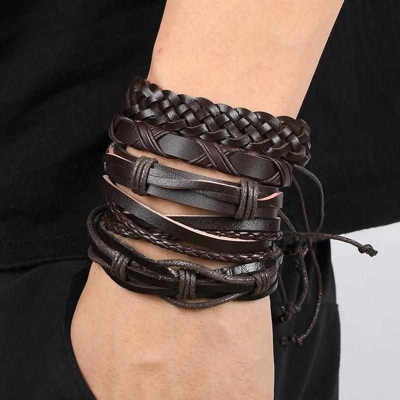 Men's Viking Leather Bracelet Woven Skull Adjustable Cuff