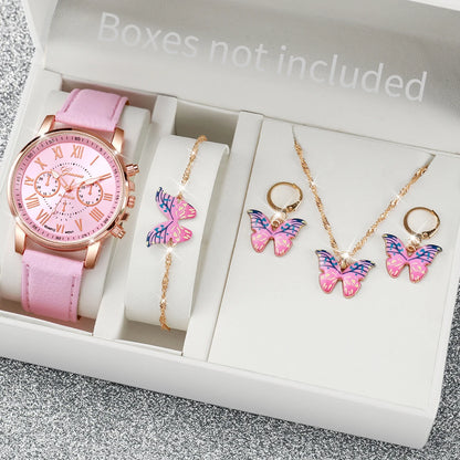 Women's Fashion Quartz Watch & Jewelry Set | 5/6pcs Heart Rhinestone Leather Band Wristwatch