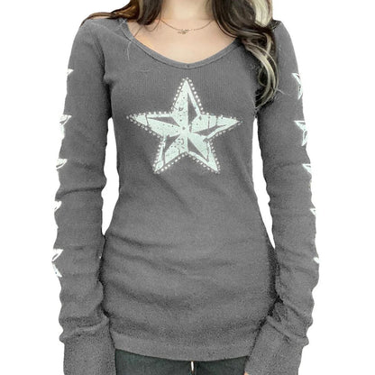 Women's Y2K Grunge Skull Graphic Thermal T-Shirt | 90s Vintage Aesthetic Long Sleeve Pullover Top