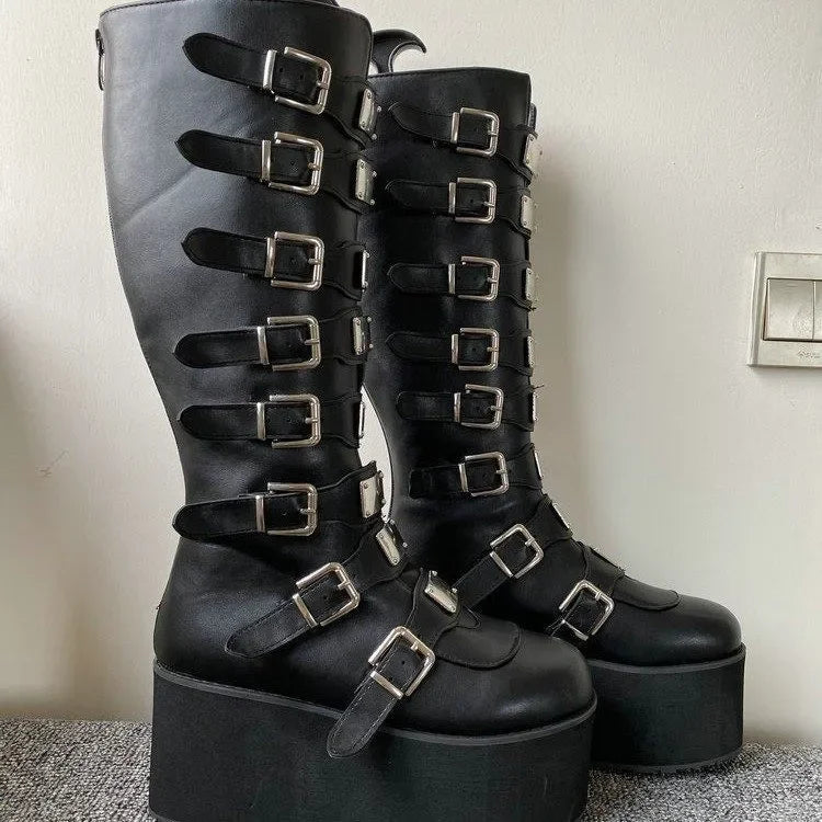 Women's Gothic Platform Wedge Mid-Calf Boots – Buckle Strap PU Leather | EU 35–43, 3 Colors