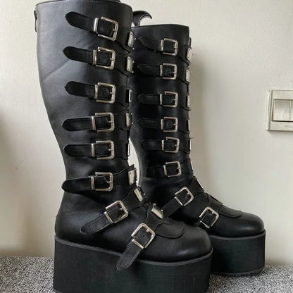 Women's Gothic Platform Wedge Mid-Calf Boots – Buckle Strap PU Leather | EU 35–43, 3 Colors