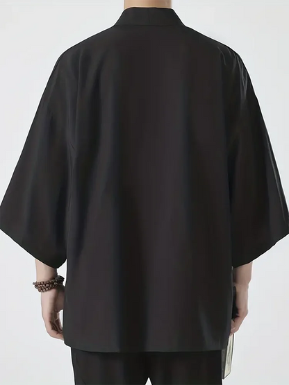 Men's Japanese Kimono Cardigan Shirt – Open Stitch Yukata, 3/4 Sleeve | XS–XXXL