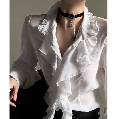 Women's Harajuku Vintage Black Bottoming Shirt | Stand Collar Ruffles Slim Japanese Victorian Long Sleeve Blouse
