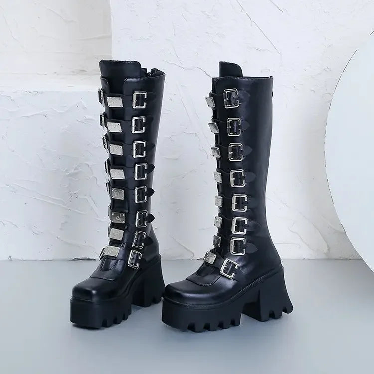 Women's Gothic Platform Wedge Mid-Calf Boots – Buckle Strap PU Leather | EU 35–43, 3 Colors