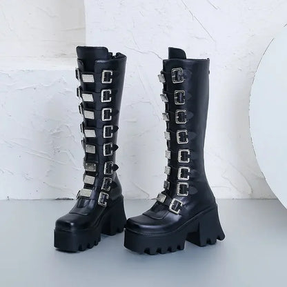 Women's Gothic Platform Wedge Mid-Calf Boots – Buckle Strap PU Leather | EU 35–43, 3 Colors