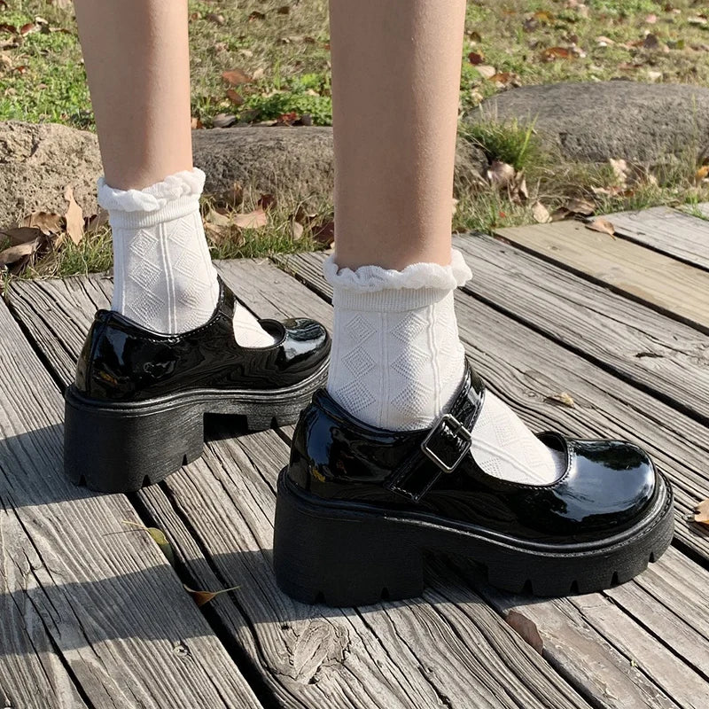 Women's Patent Leather Platform Mary Jane Pumps with Ankle Buckle