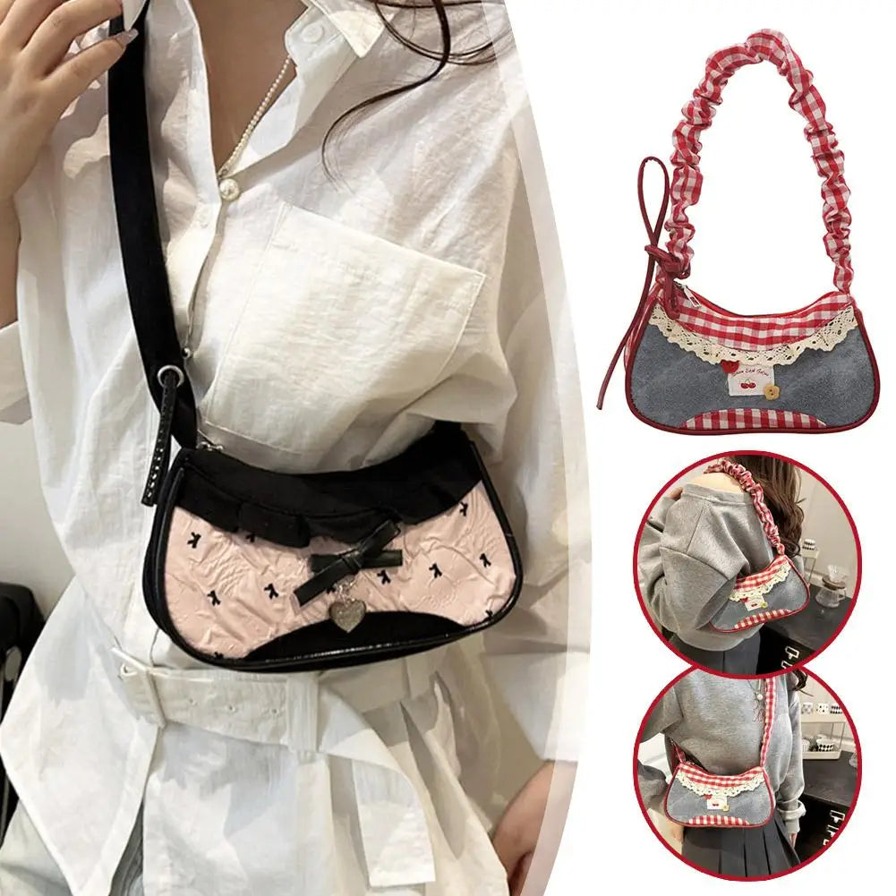 Women's Fashion Grid Shoulder Bag | Lace Ribbon Strap Underarm Handbag for Daily Commuting & Students