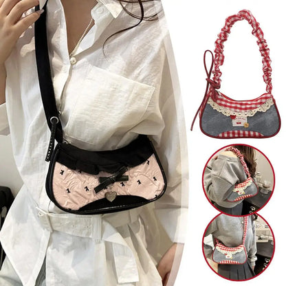 Women's Fashion Grid Shoulder Bag | Lace Ribbon Strap Underarm Handbag for Daily Commuting & Students