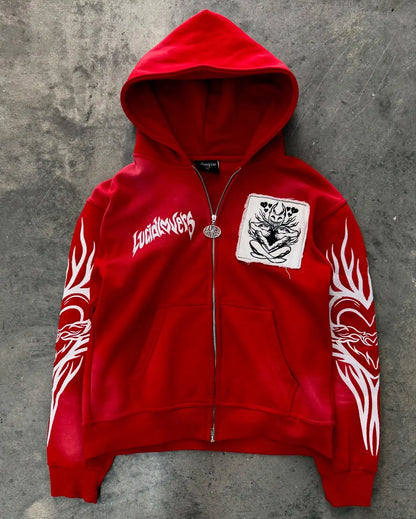 Y2K Punk Rock Zip-Up Hoodie – Harajuku Grunge Loose Fleece Sweatshirt
