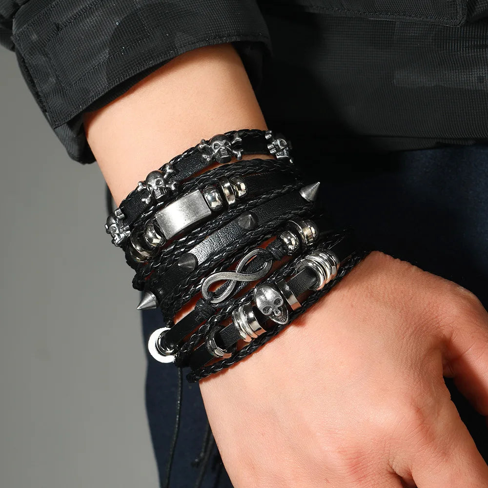 Men's Viking Leather Bracelet Woven Skull Adjustable Cuff