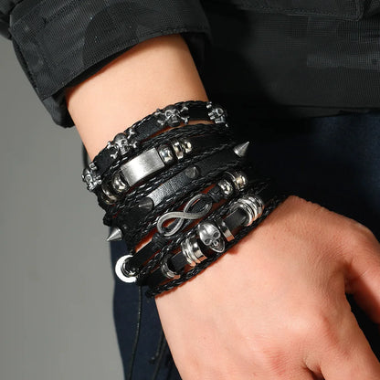 Men's Viking Leather Bracelet Woven Skull Adjustable Cuff