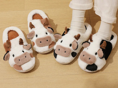 Cartoon Cow Plush Slippers – Warm Anti-Slip Indoor House Shoes for Men and Women