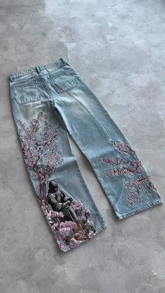 Cherry Blossom Embroidery Baggy Jeans for Men
