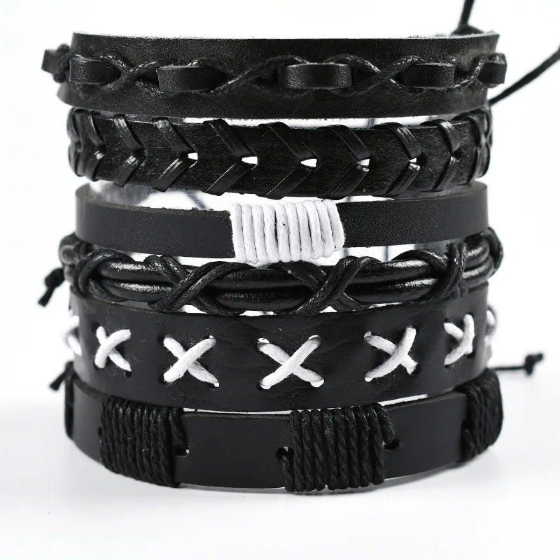 Men's Viking Leather Bracelet Woven Skull Adjustable Cuff