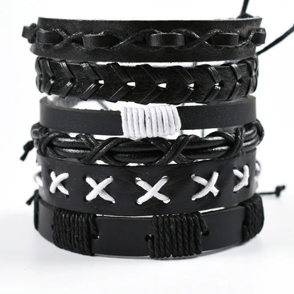 Men's Viking Leather Bracelet Woven Skull Adjustable Cuff