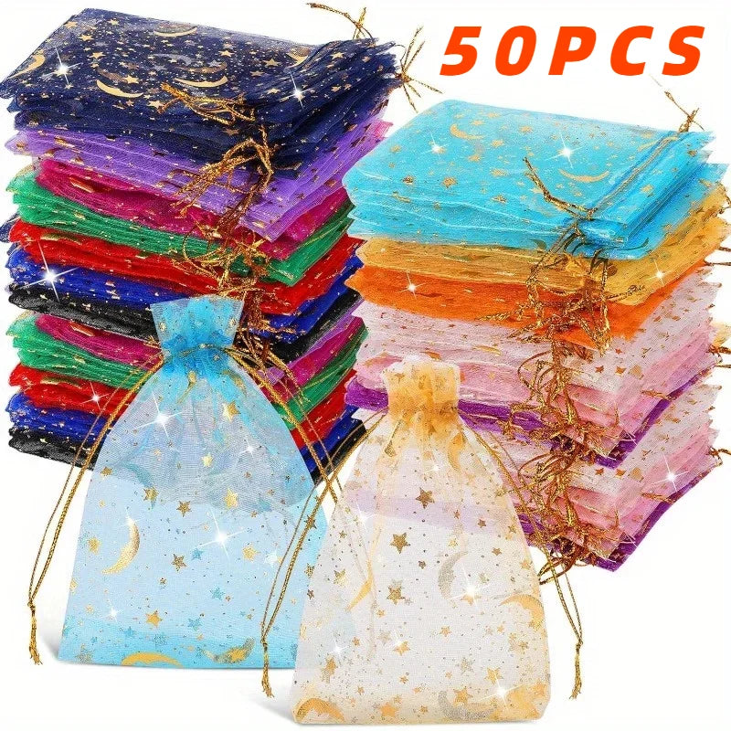 Moon & Stars Drawstring Organza Gift Bags | 50pcs Gold Star Favor Pouches for Weddings & Christmas