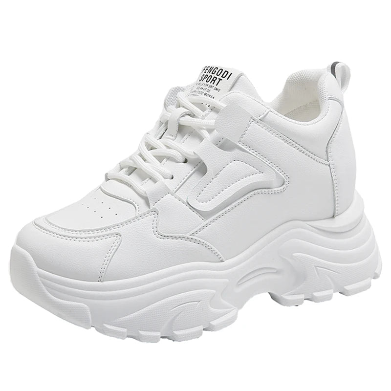 Rimocy Women's White Platform Sneakers – 7cm Chunky Sole PU Leather Lace-Up Shoes