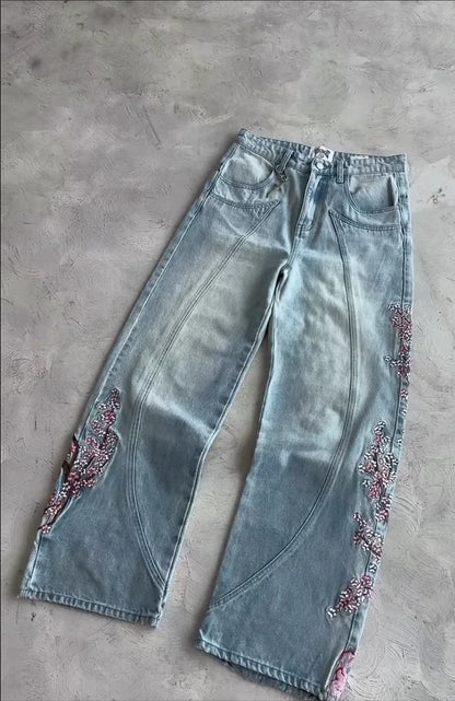 Cherry Blossom Embroidery Baggy Jeans for Men