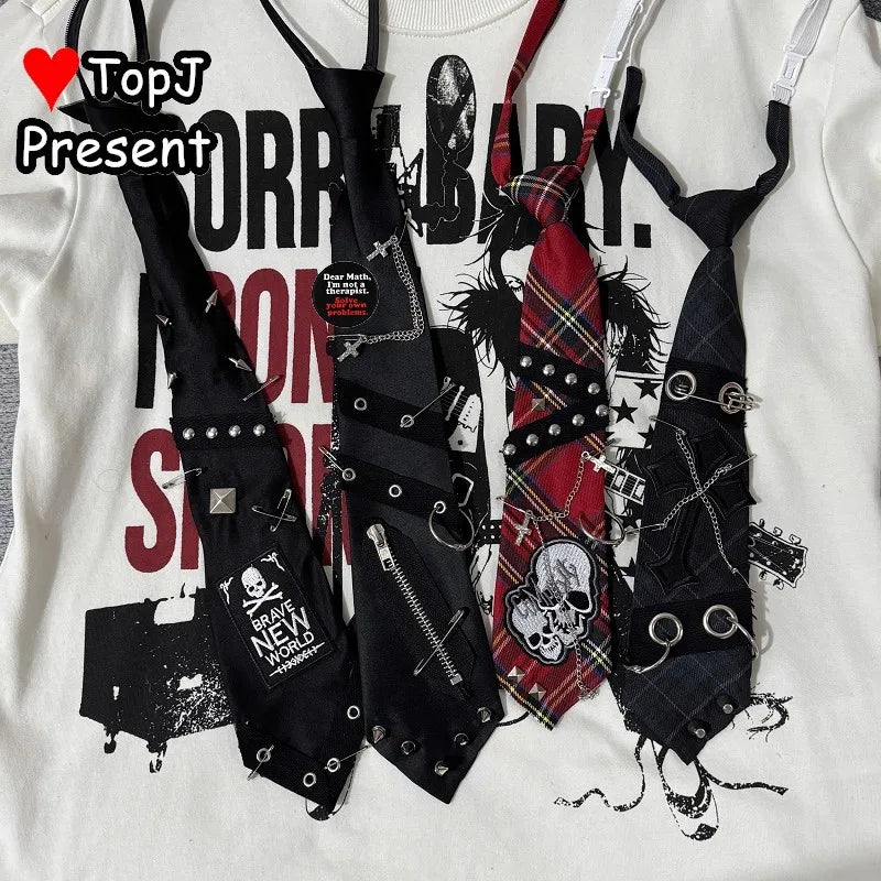 Unisex Harajuku Gothic Punk Y2K JK Tie | Skull Rivet Lazy Zipper Chain Accessory for Men & Women