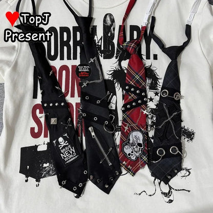 Unisex Harajuku Gothic Punk Y2K JK Tie | Skull Rivet Lazy Zipper Chain Accessory for Men & Women