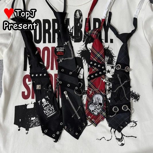Unisex Harajuku Gothic Punk Y2K JK Tie | Skull Rivet Lazy Zipper Chain Accessory for Men & Women