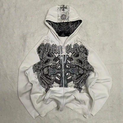 Y2K Punk Rock Zip-Up Hoodie – Harajuku Grunge Loose Fleece Sweatshirt
