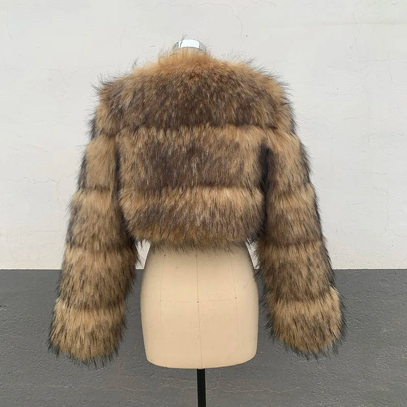 Cropped Faux Raccoon Fur Jacket for Women