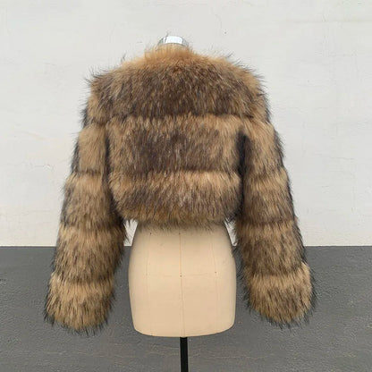Cropped Faux Raccoon Fur Jacket for Women