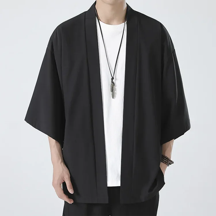 Men's Japanese Kimono Cardigan Shirt – Open Stitch Yukata, 3/4 Sleeve | XS–XXXL
