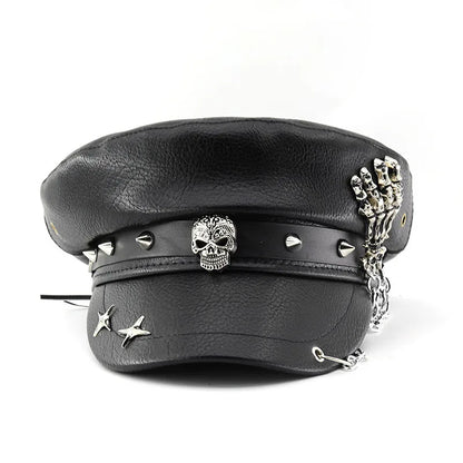Women's Punk PU Leather Beret | Vintage Flat Top Military Cap for Outdoor & Casual Wear