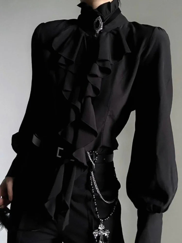 Women's Harajuku Vintage Black Bottoming Shirt | Stand Collar Ruffles Slim Japanese Victorian Long Sleeve Blouse