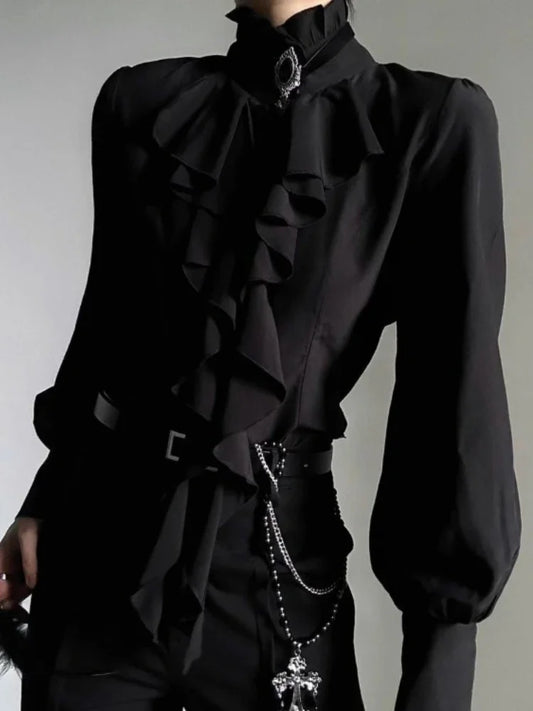 Women's Harajuku Vintage Black Bottoming Shirt | Stand Collar Ruffles Slim Japanese Victorian Long Sleeve Blouse
