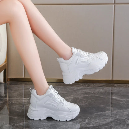 Rimocy Women's White Platform Sneakers – 7cm Chunky Sole PU Leather Lace-Up Shoes