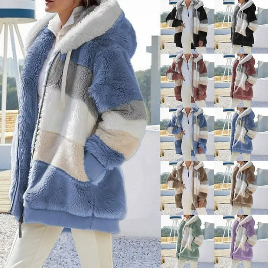 Women's Oversized Hooded Plush Jacket – Warm Zip-Up Streetwear Coat | S–5XL, 9 Colors