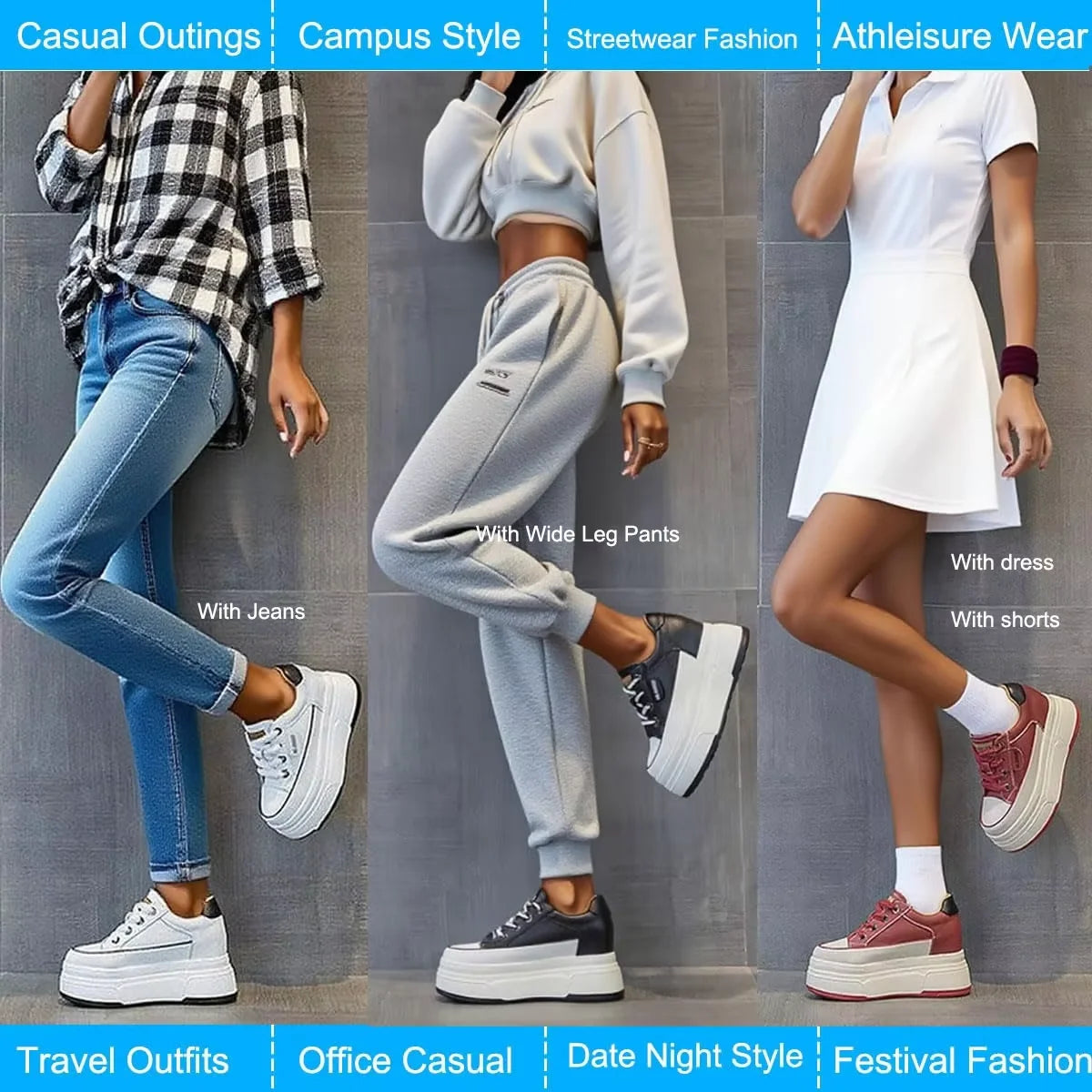Fujin Women's Platform Sneakers – 9cm Genuine Leather High Heel Casual Shoes