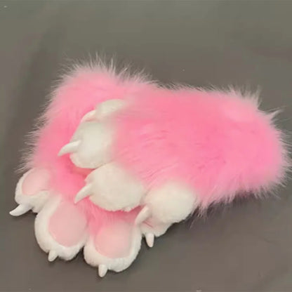 Fursuit Paw Gloves Faux Fur Animal Claw Mittens for Cosplay and Halloween