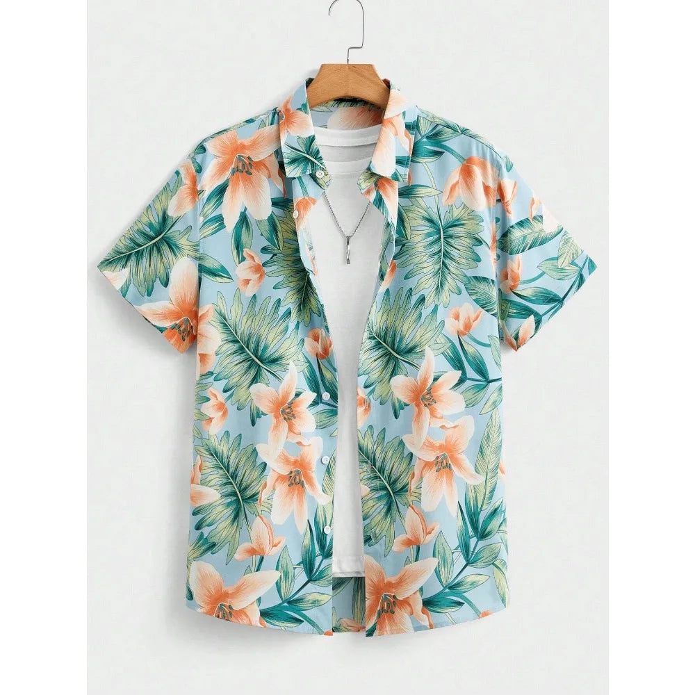 Men’s Tropical Palm Print Shirt – Casual Summer Button-Up Beach Shirt | Hawaiian Shirt Print Casual Thin Beach Slim Fashion Shirt High Quality Luxury Black Social Vintage | Oversized Clothes