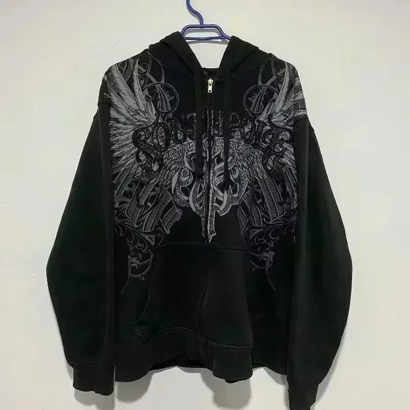 Y2K Punk Rock Zip-Up Hoodie – Harajuku Grunge Loose Fleece Sweatshirt