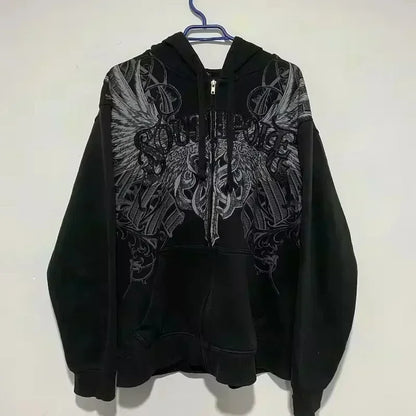 Y2K Punk Rock Zip-Up Hoodie – Harajuku Grunge Loose Fleece Sweatshirt