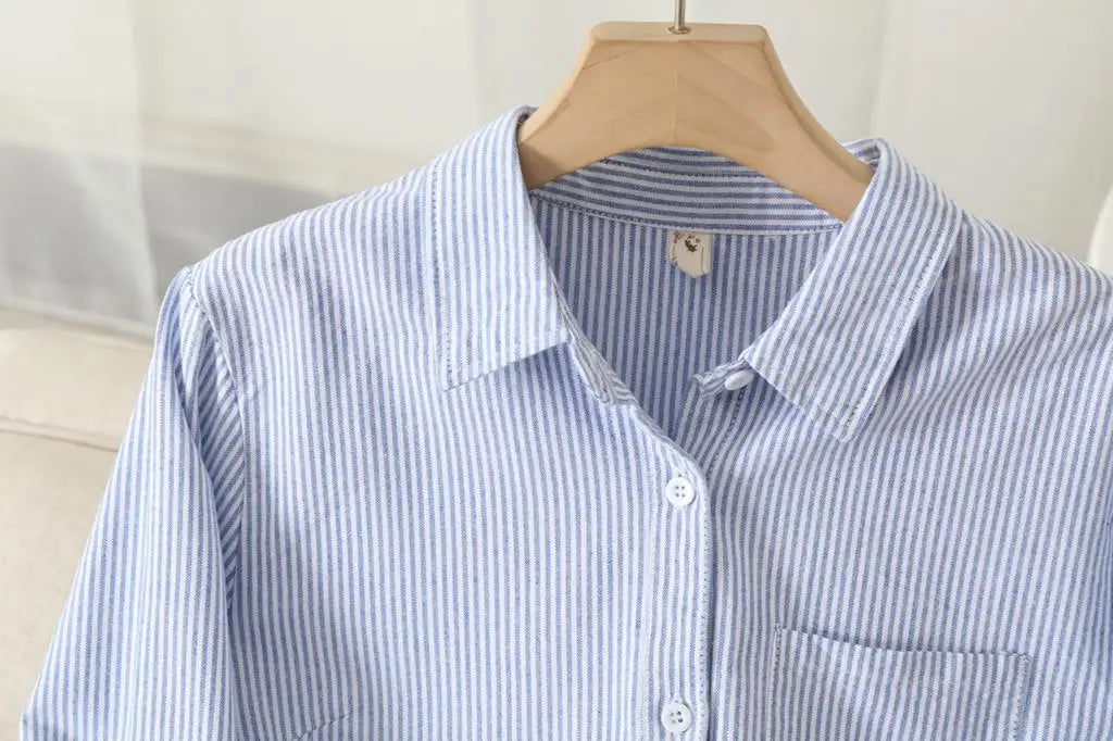 Women's Casual Cotton Oxford Shirt | Autumn Striped Blue & White Blouse & Top