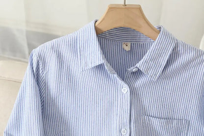 Women's Casual Cotton Oxford Shirt | Autumn Striped Blue & White Blouse & Top