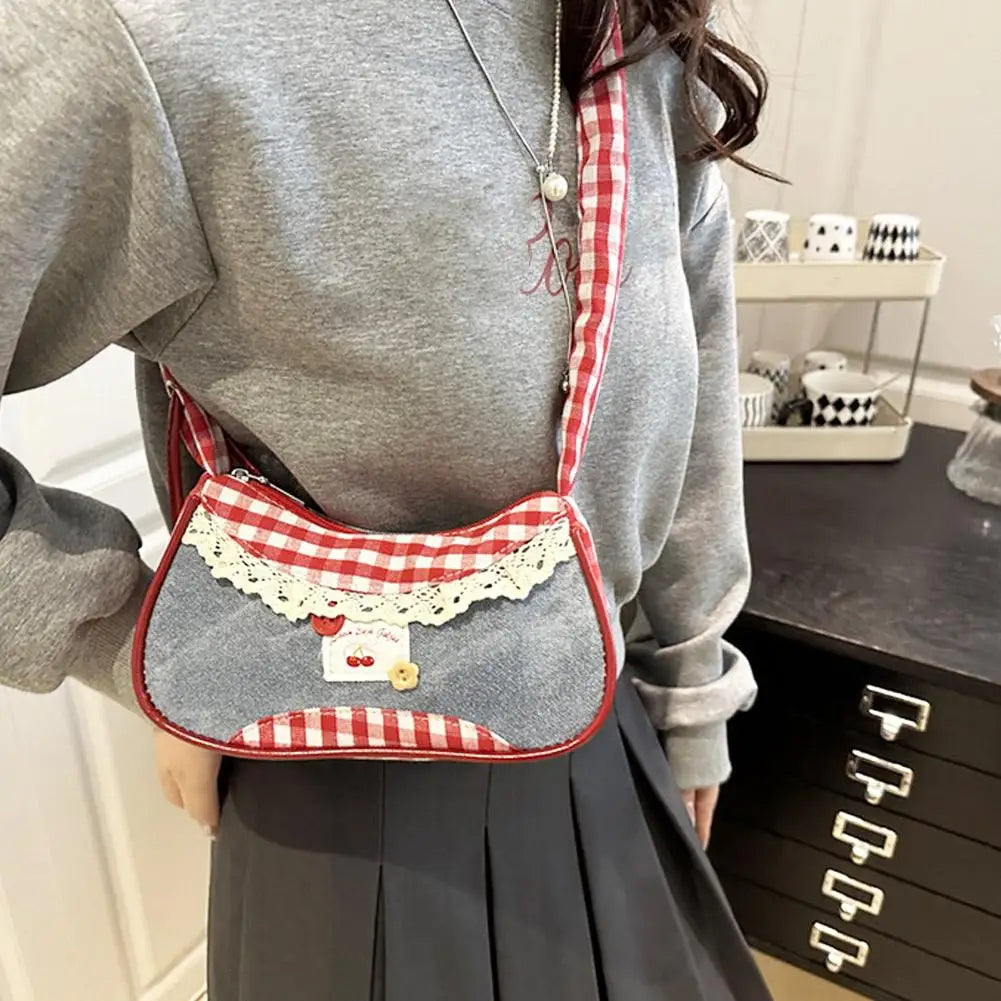 Women's Fashion Grid Shoulder Bag | Lace Ribbon Strap Underarm Handbag for Daily Commuting & Students