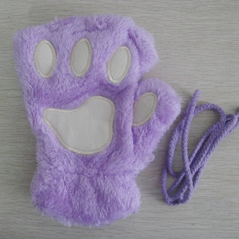 Cat Paw Plush Mittens – Cute Fingerless Fluffy Gloves for Women
