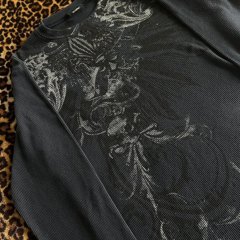 Women's Y2K Grunge Skull Graphic Thermal T-Shirt | 90s Vintage Aesthetic Long Sleeve Pullover Top